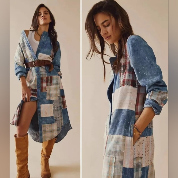 Free People Dresses & Skirts - We The Free People PHOENIX patched Patchwork distressed Maxi Shirt Dress Duster